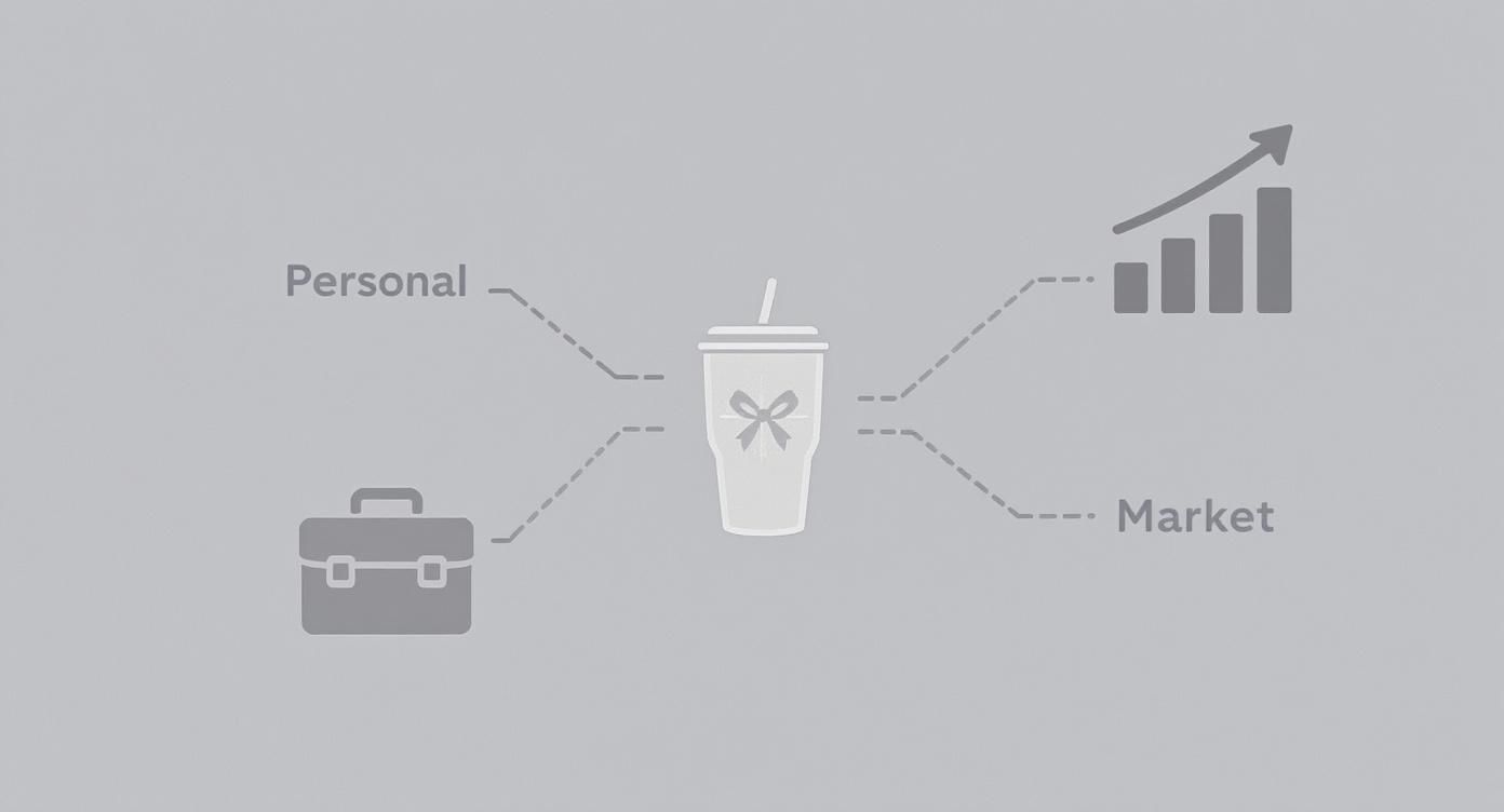 Infographic showing etched glass tumbler connecting personal lifestyle, work briefcase, and market growth concepts
