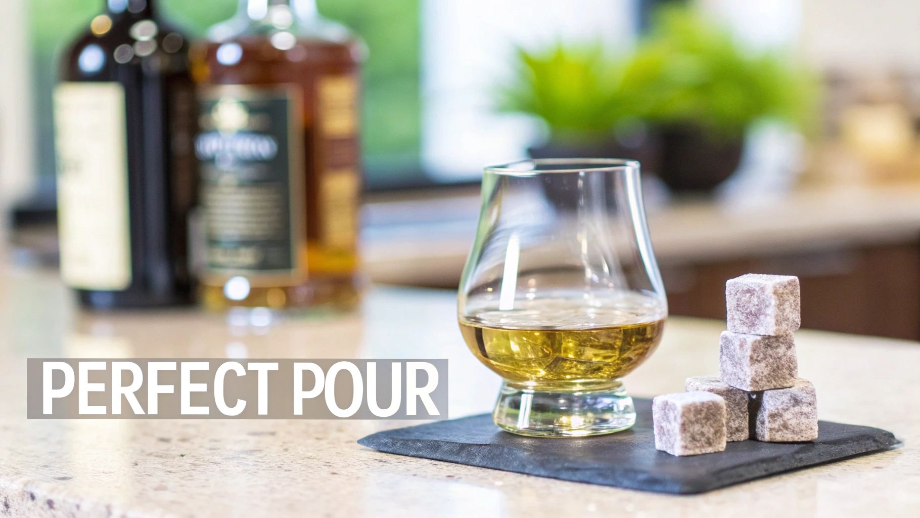 A perfect pour of golden scotch whisky in a glass, with stone chilling cubes on a black coaster.