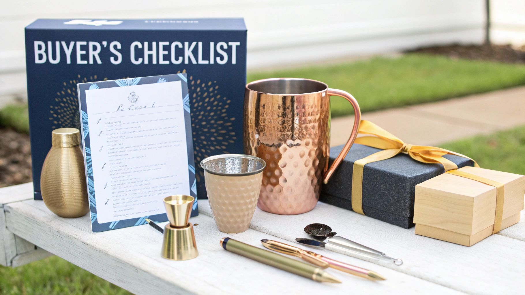 A "Buyer's Checklist" box, a Moscow Mule mug, bar tools, pens, and gift boxes on a white bench.