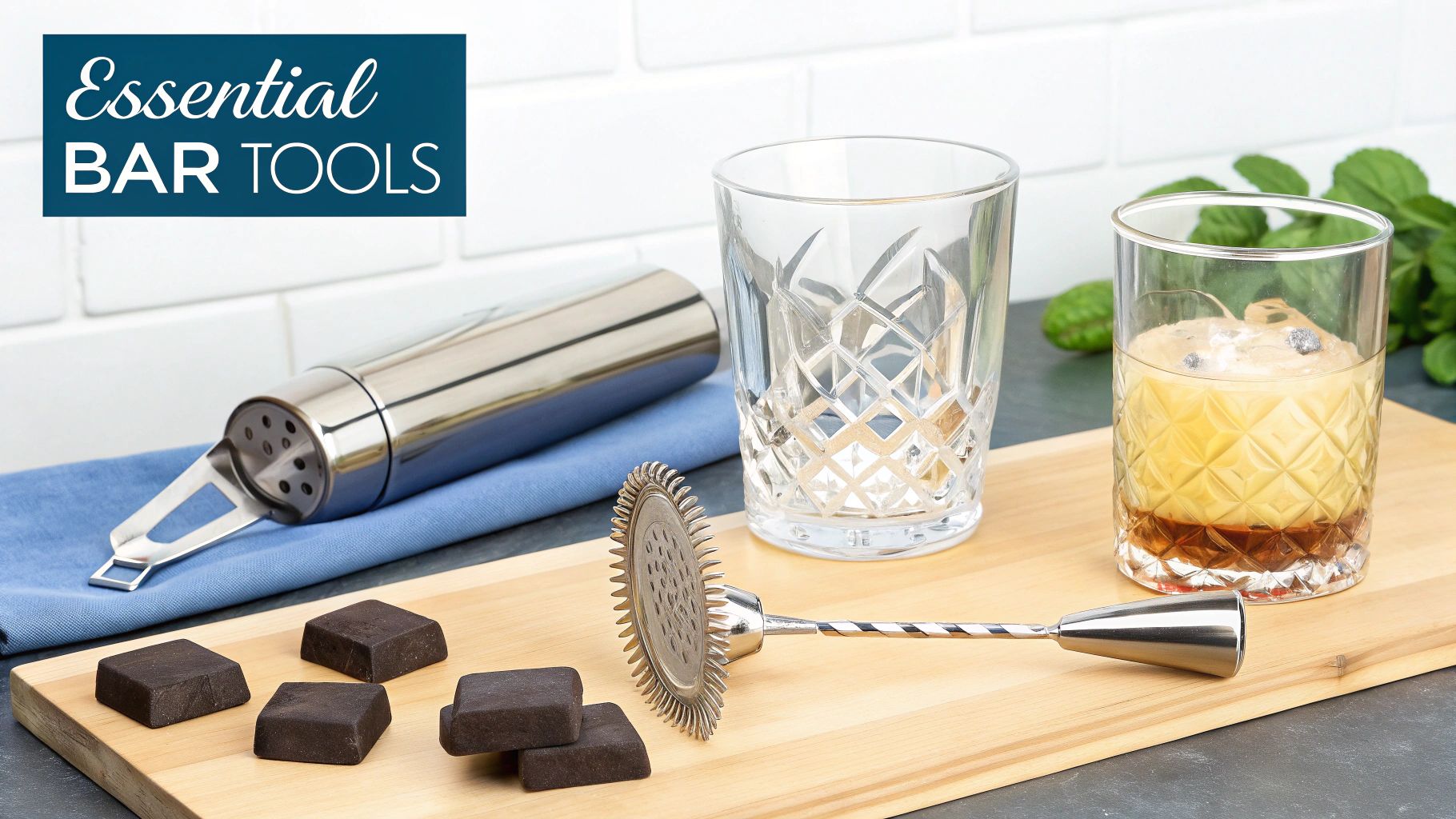 A collection of essential bar tools, including a shaker, patterned glasses, and muddler, on a wooden board.