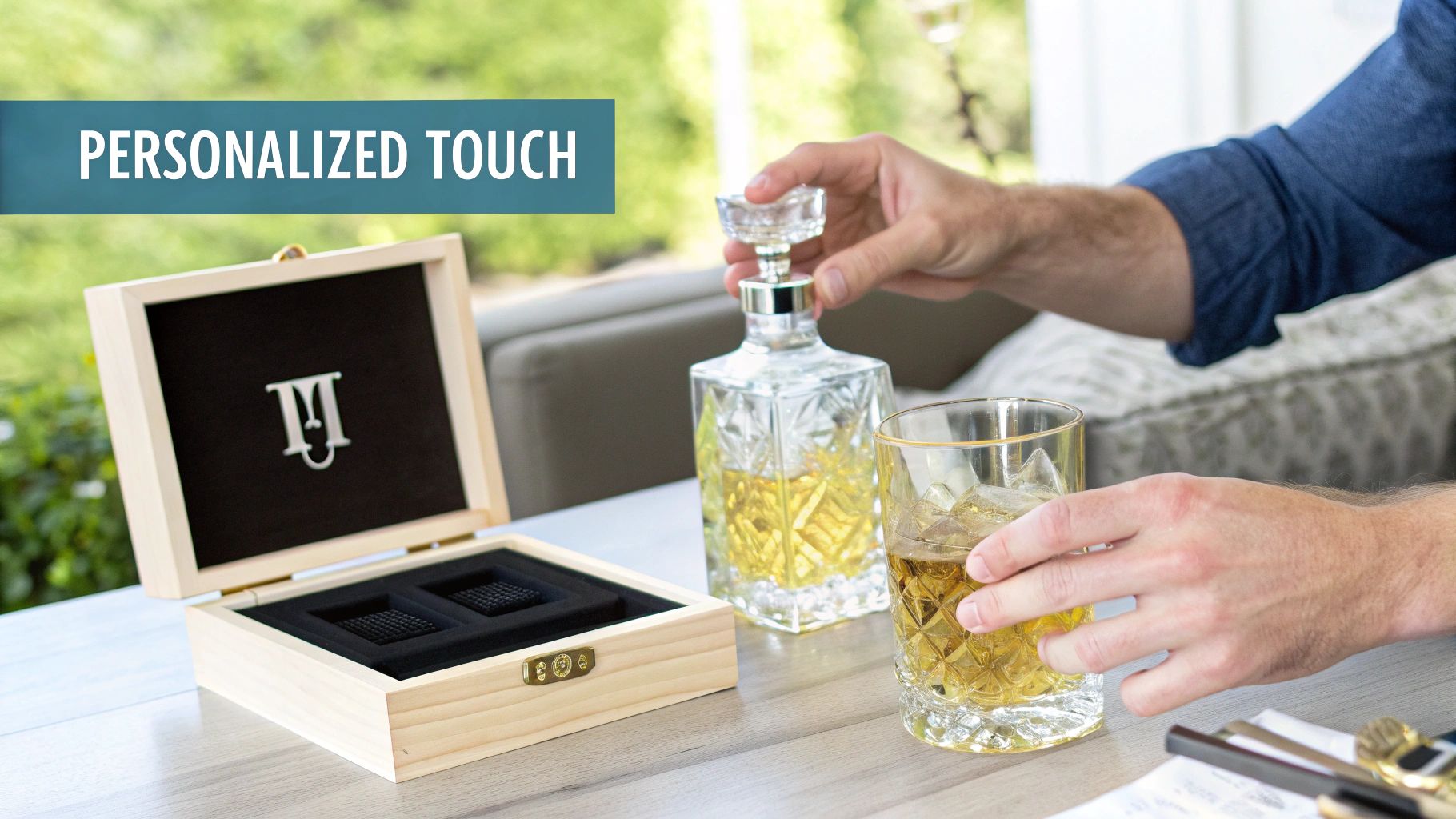 Man holding a whiskey glass, next to a decanter and an open personalized wooden gift box with an initial.