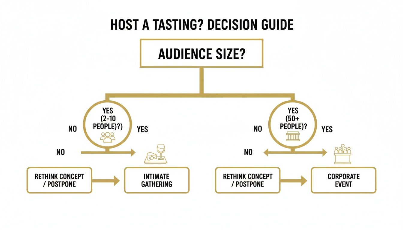 Decision guide flowchart for hosting a tasting event, categorizing by audience size for intimate or corporate gatherings.