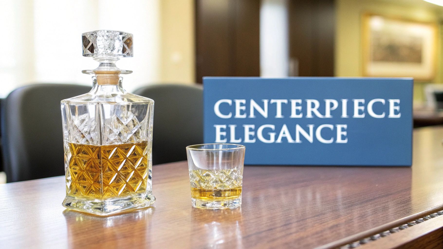 A crystal decanter and matching glass filled with amber liquid on a wooden table next to a blue sign.