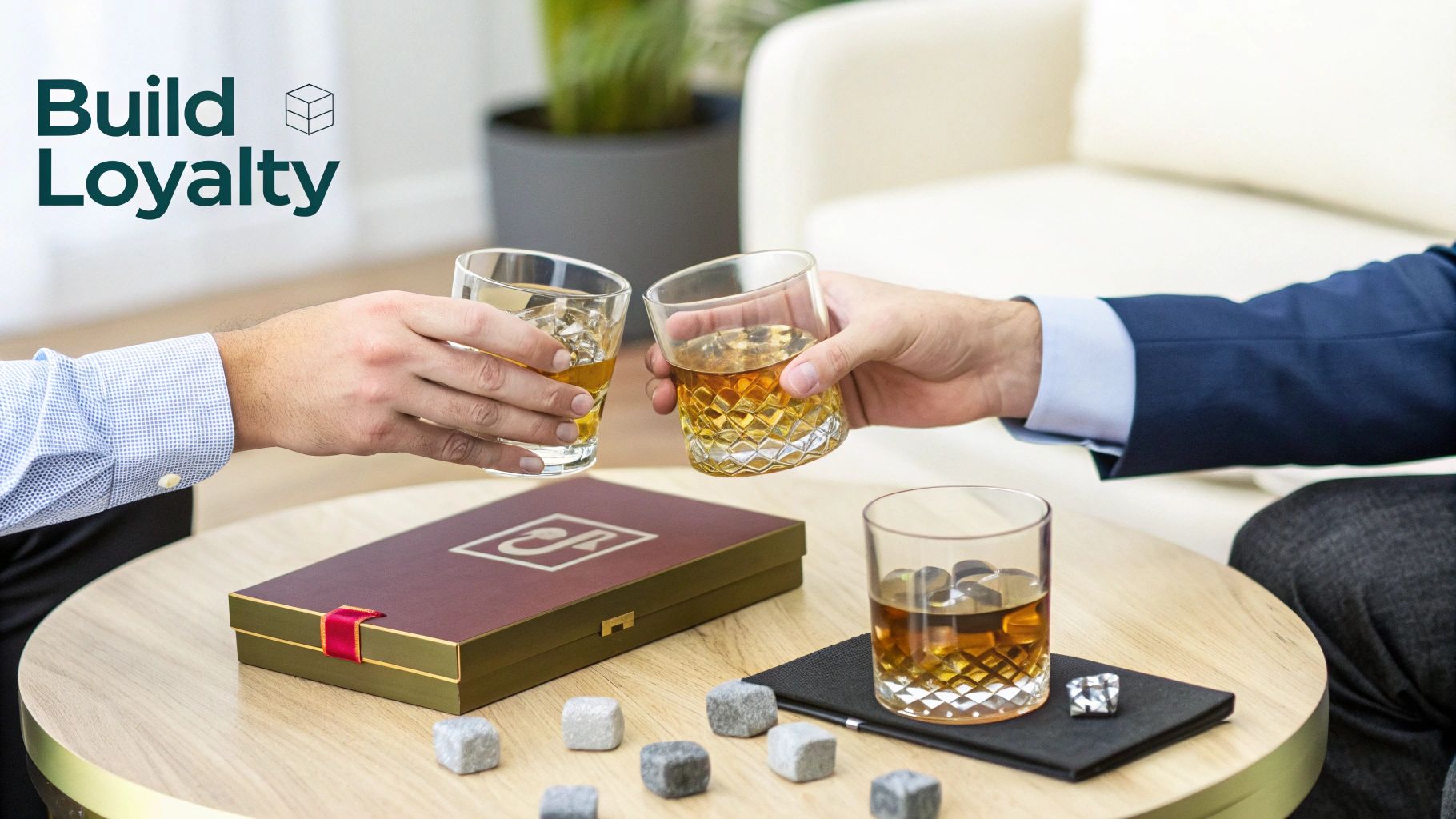 Two men toast whiskey glasses at a business event, featuring an elegant gift box and whiskey stones.