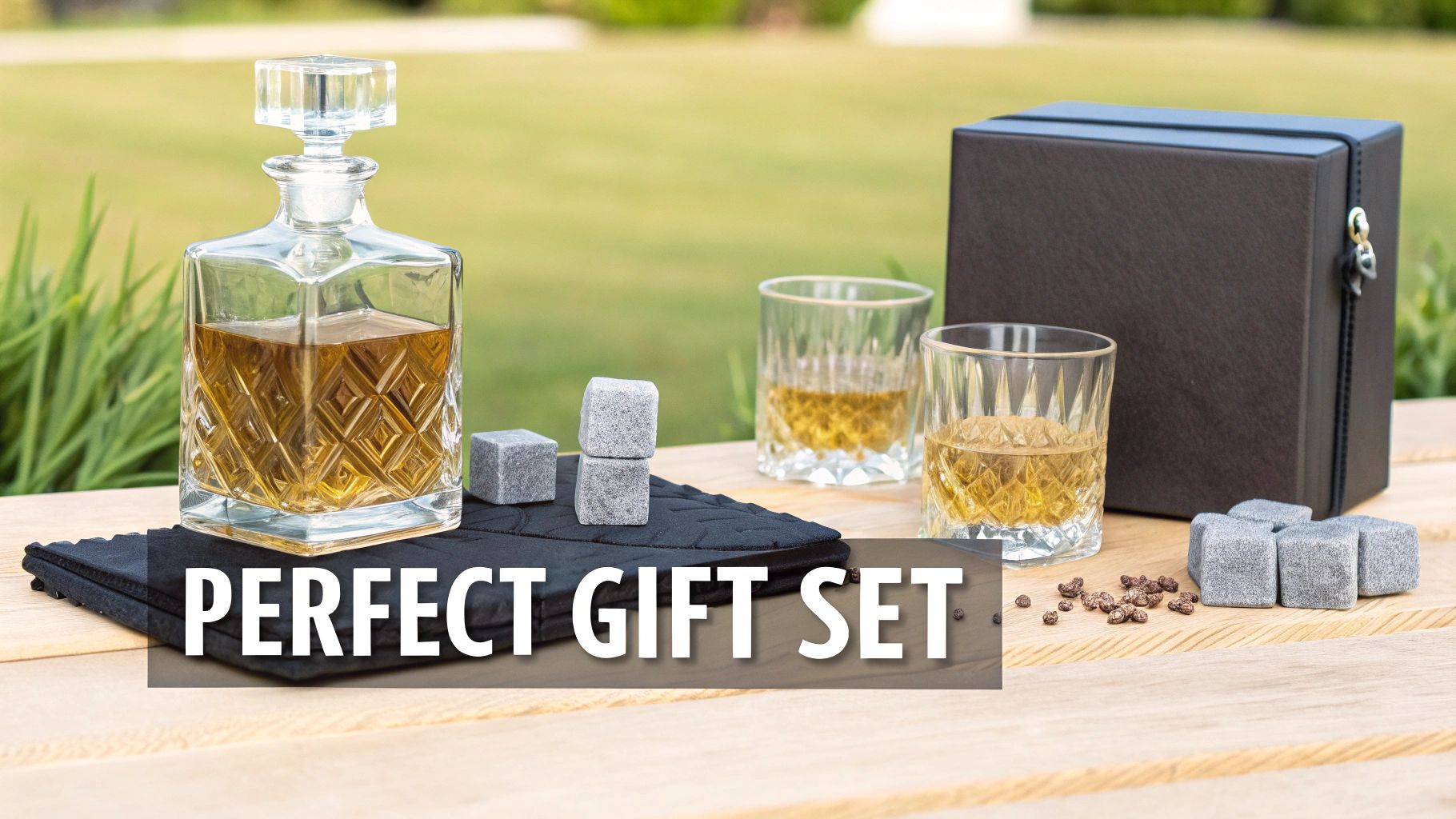 Elegant whiskey gift set featuring a crystal decanter, glasses, chilling stones, and a gift box outdoors.