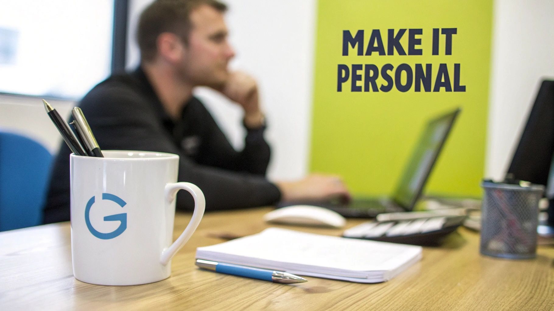 Office desk with branded mug holding pens and motivational make it personal poster background