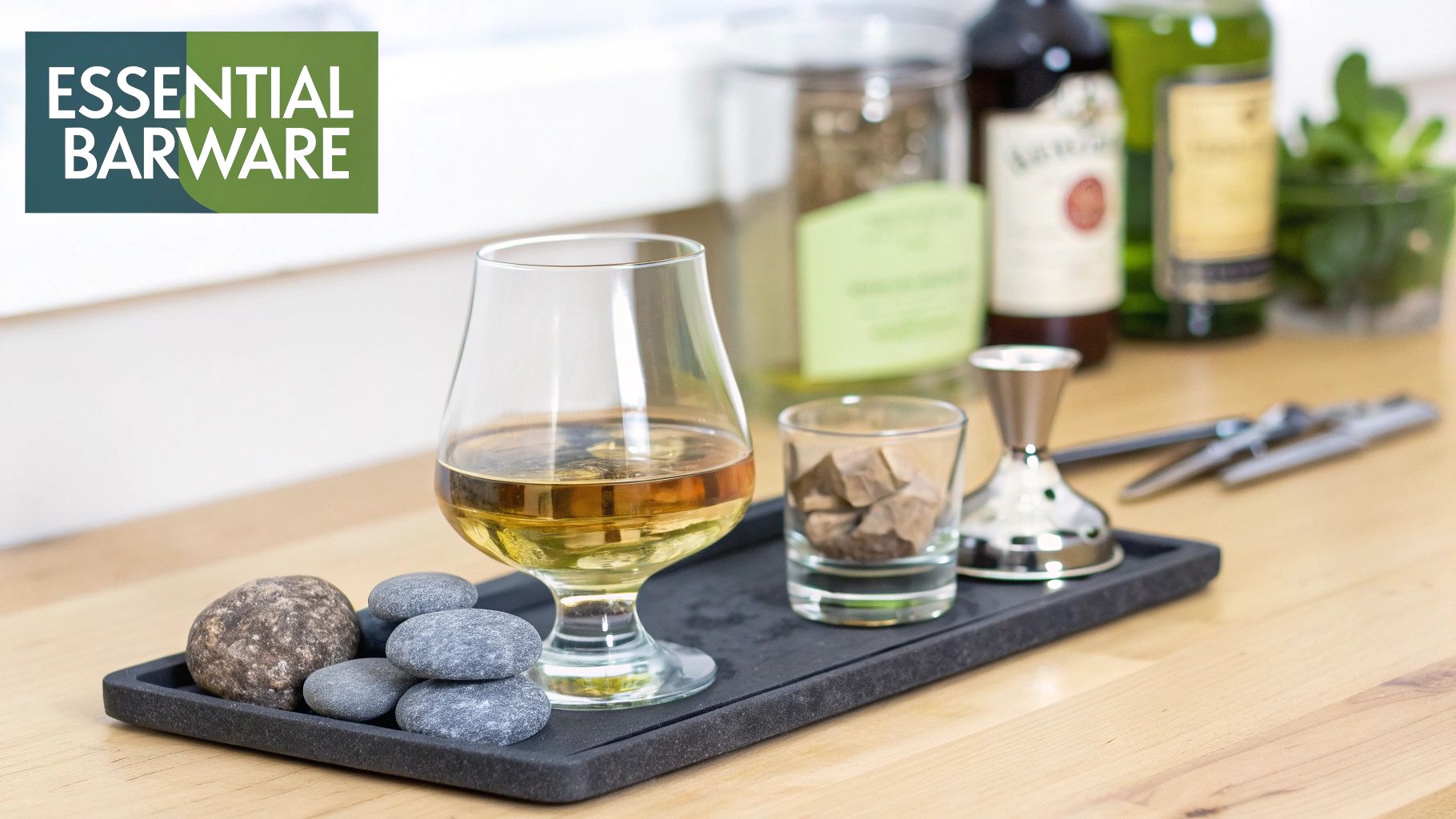 Essential Barware display featuring a whiskey glass, whiskey stones, jigger, and tools on a tray.
