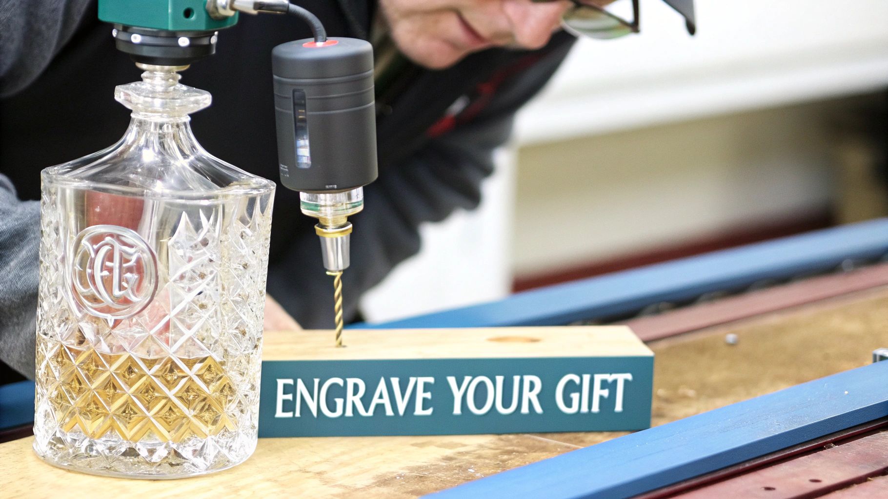 A personalized whiskey decanter set with a custom engraving.