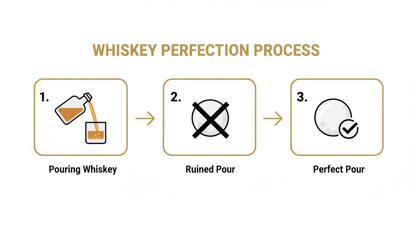 An infographic showing a three-step whiskey perfection process with ice spheres, from pouring to a perfect ice ball.