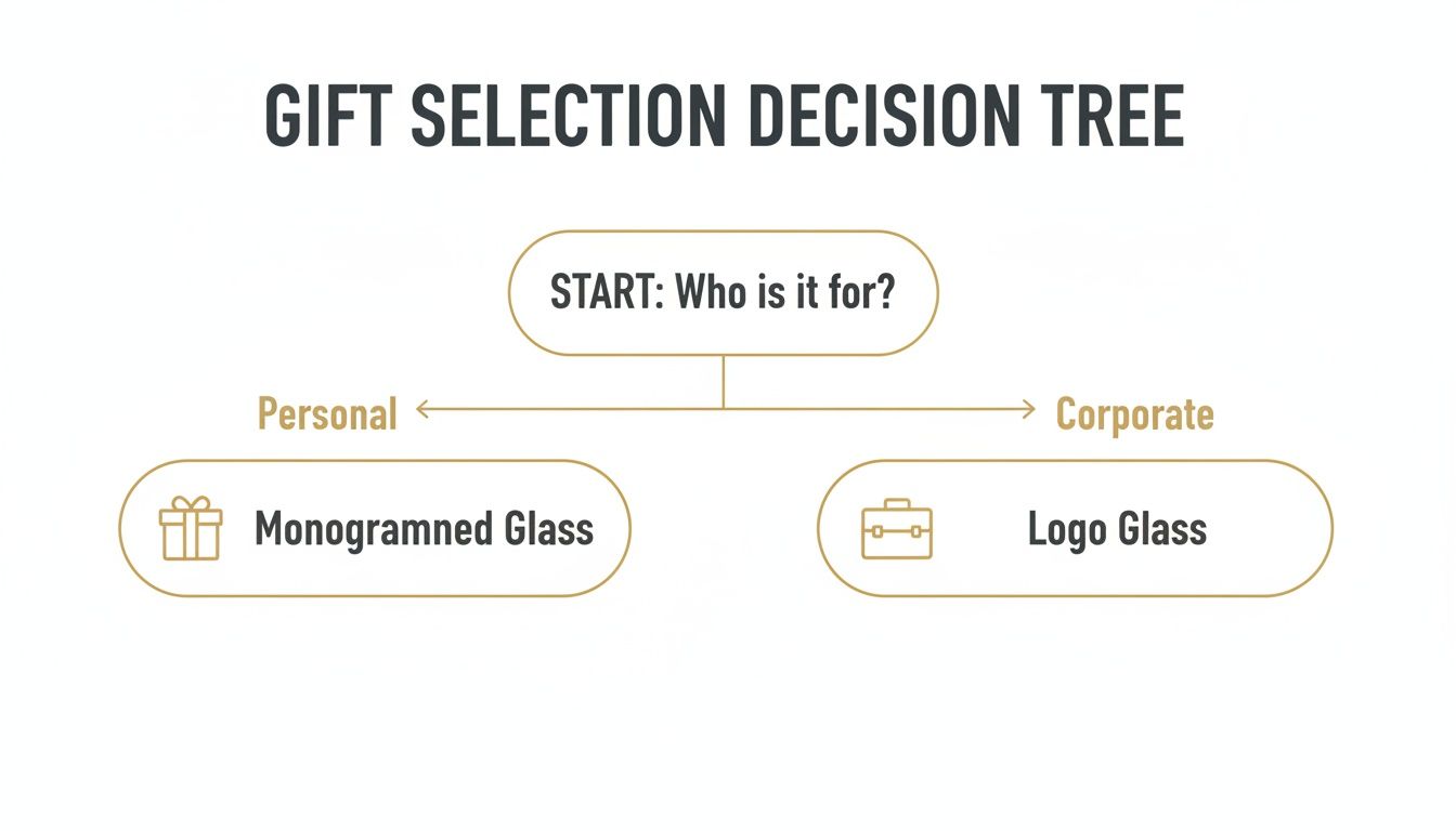 A gift selection decision tree flowchart for choosing between personal monogrammed glass and corporate logo glass.