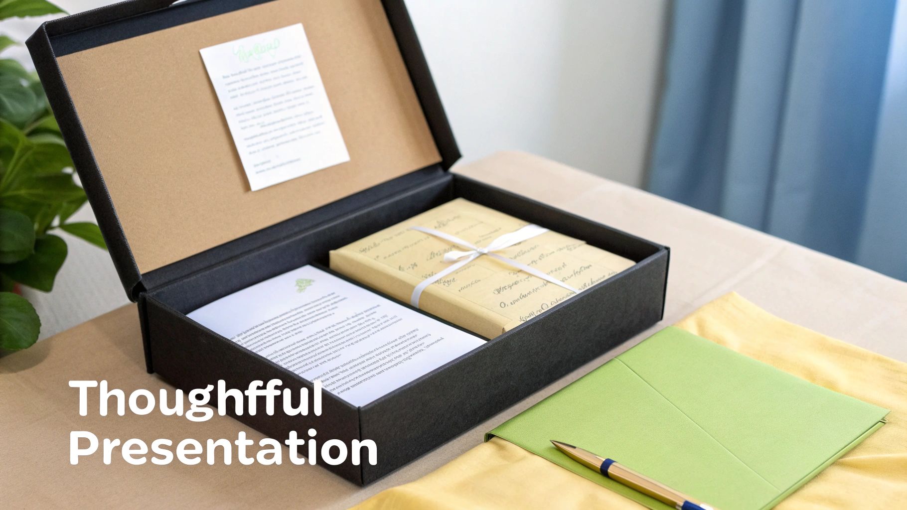 An open black box reveals carefully arranged documents, papers, and a tied package, symbolizing a thoughtful presentation.