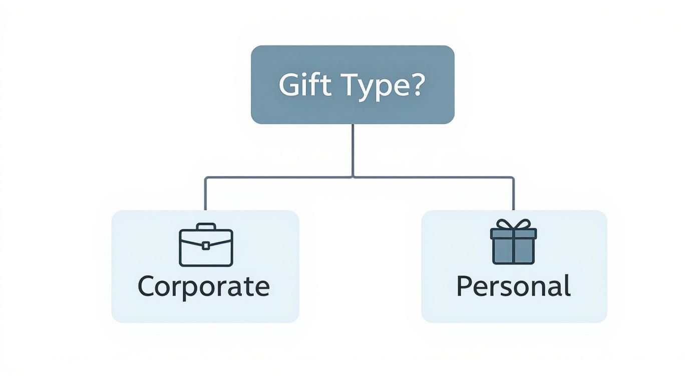 Diagram classifying gift types into two categories: Corporate with a briefcase icon, and Personal with a gift box icon.