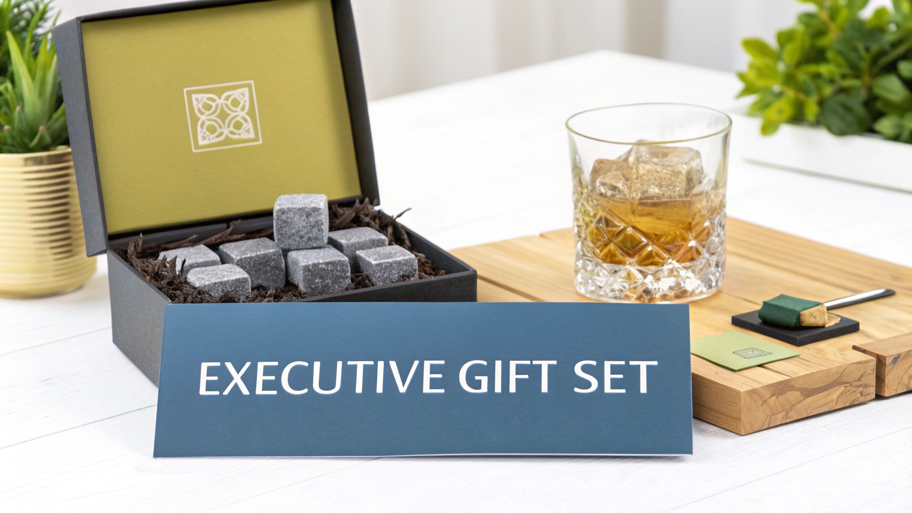 A stylish executive gift set featuring whiskey stones, a glass of whiskey, and a wooden coaster.