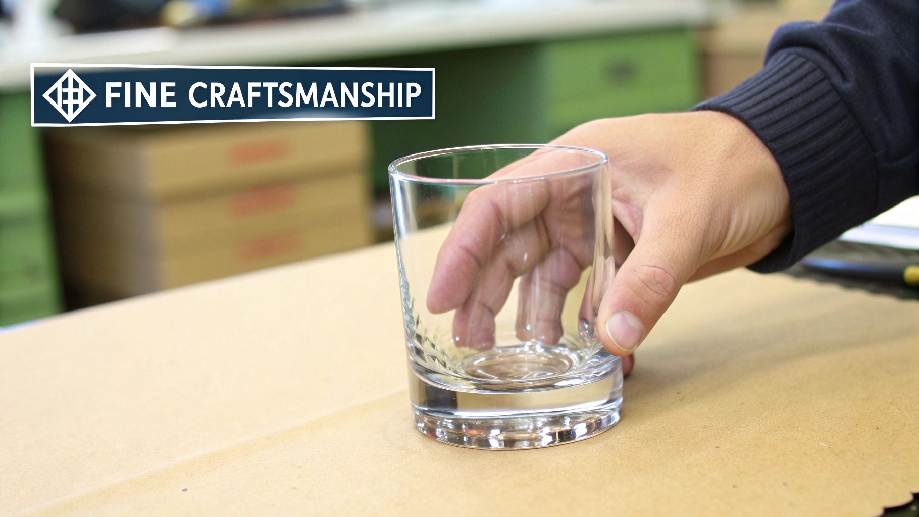 A close-up of a hand holding a clear, empty glass on a brown surface, with a "Fine Craftsmanship" label.