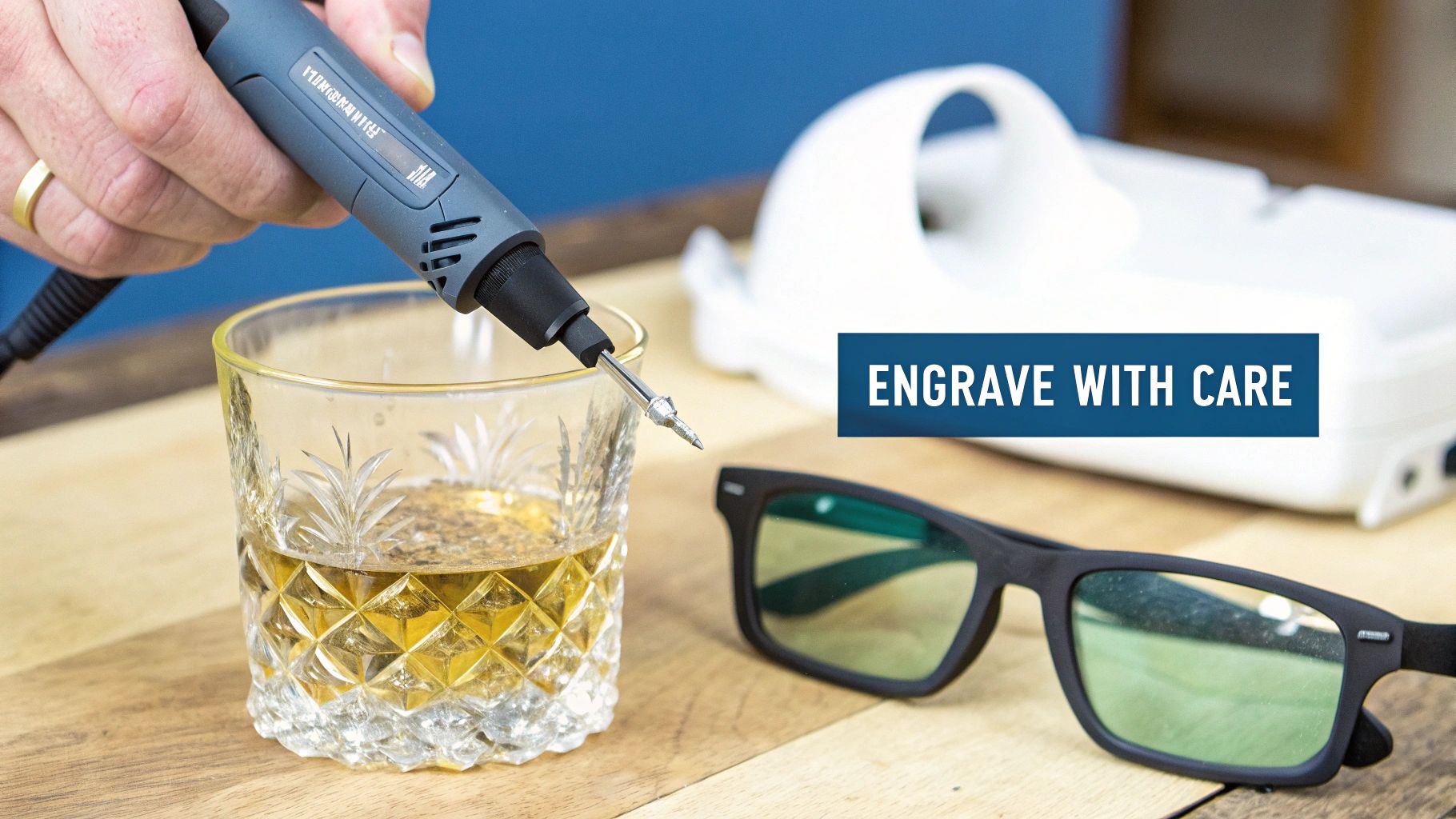 A person's hand holds an engraving tool over a patterned glass of amber liquid, with sunglasses.