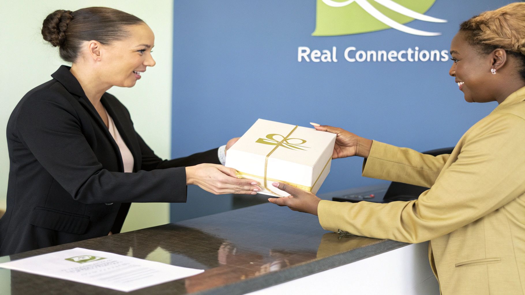 A team collaborating with branded promotional products on their desks, showcasing a tangible connection.