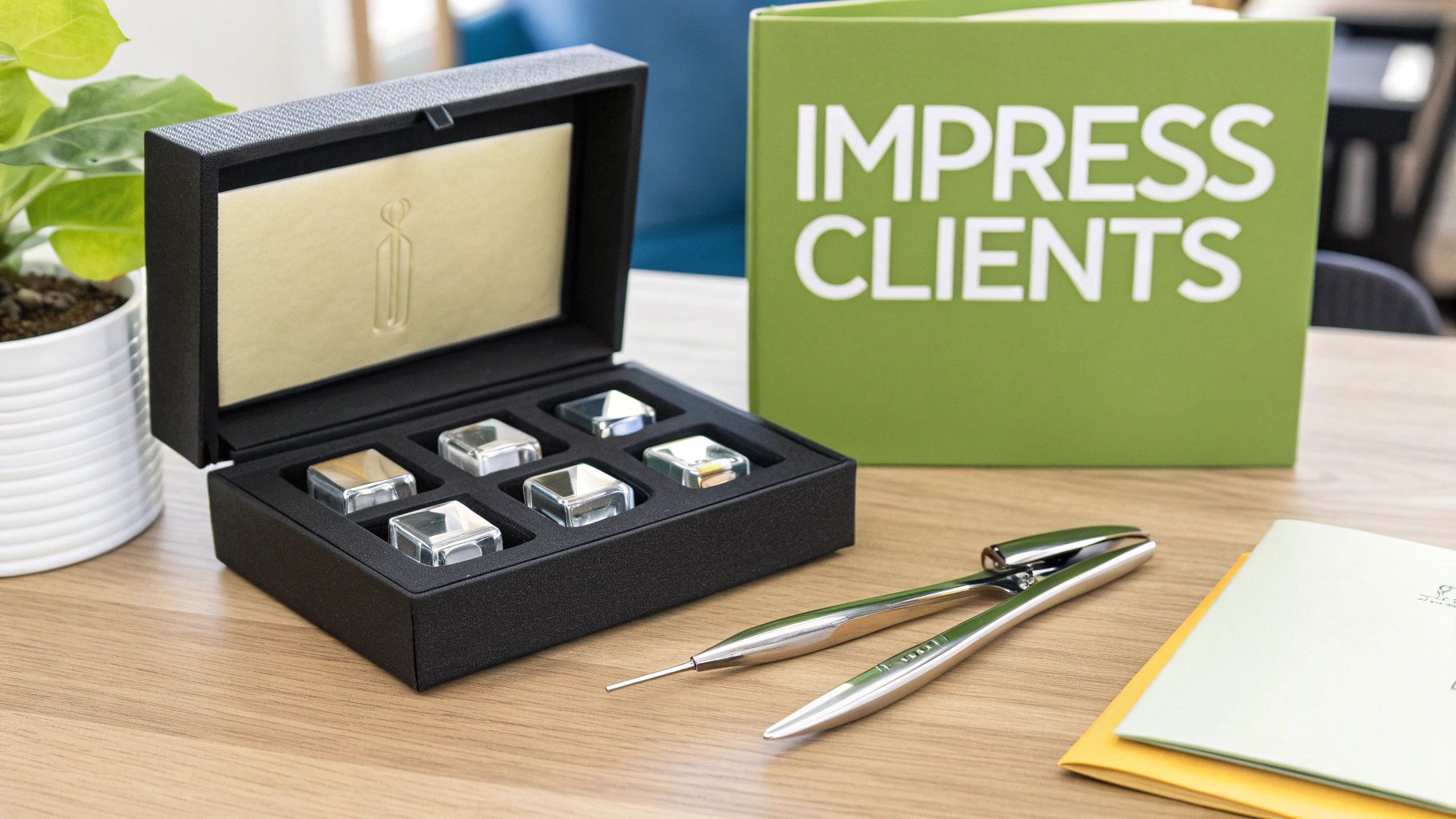 A premium set of reusable ice cubes in an elegant gift box