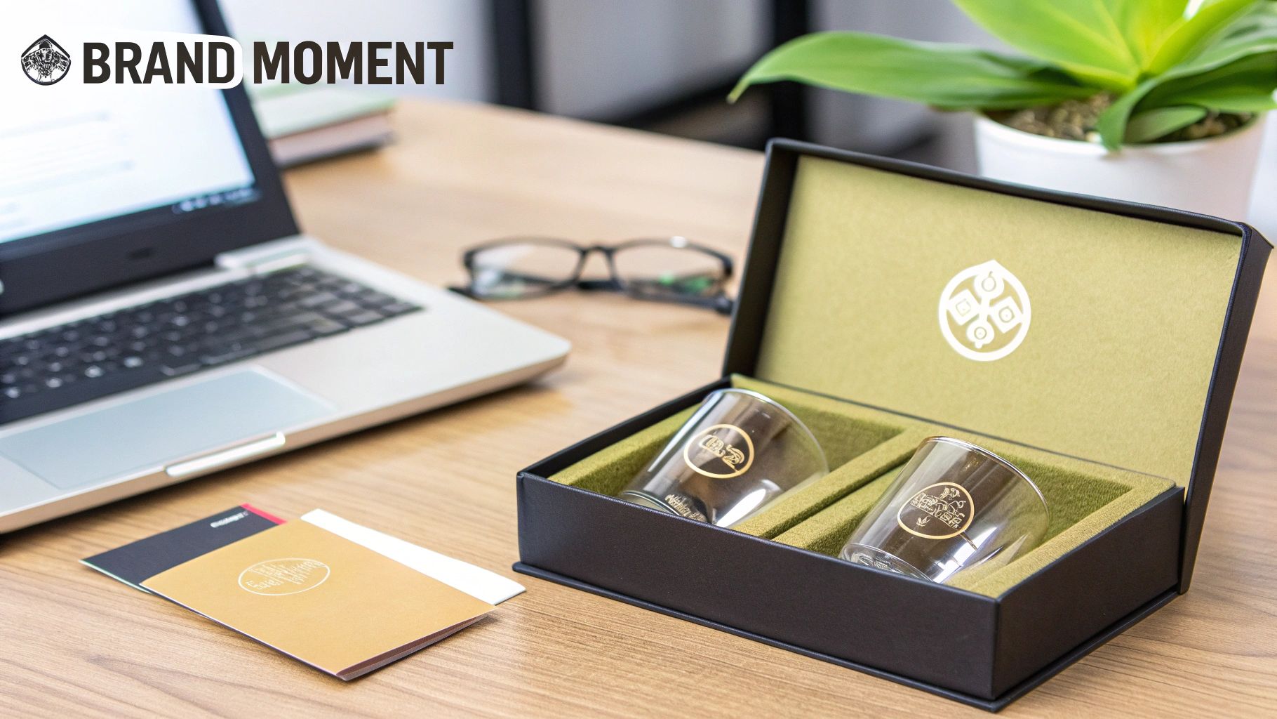 A branded gift box for glassware next to the glassware it contains