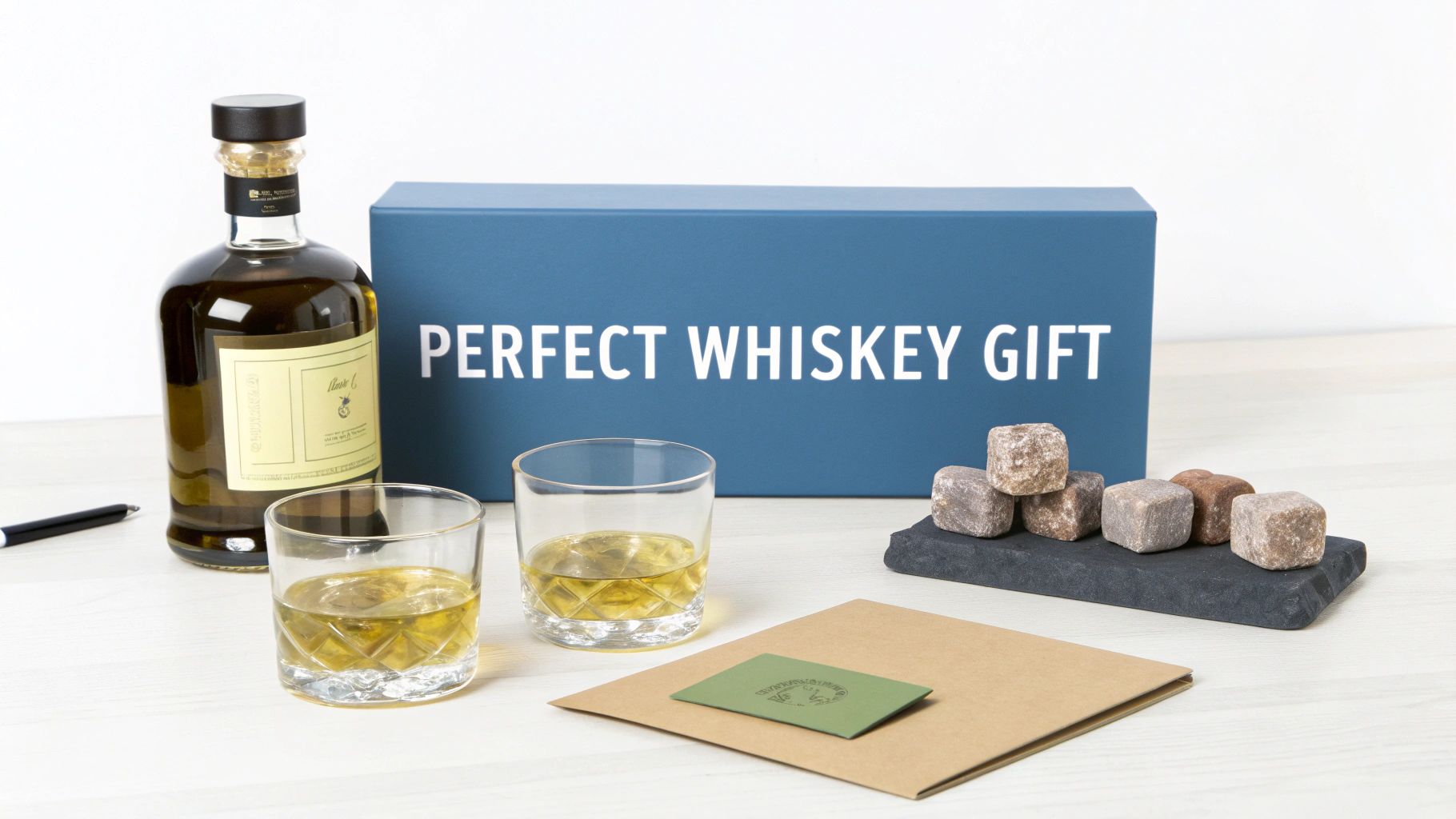 A perfect whiskey gift set with a bottle, two glasses, whiskey stones, and a branded gift box.