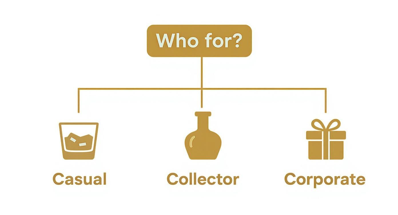 Infographic showing three categories of bourbon drinkers: casual, collector, and corporate gift recipients