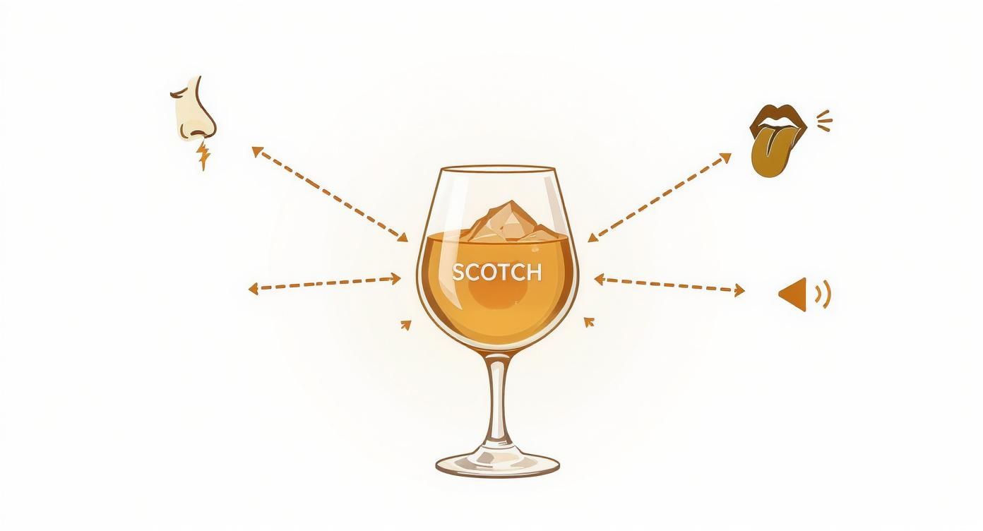 Illustration of a glass of scotch with ice, surrounded by icons representing senses interacting with the drink.