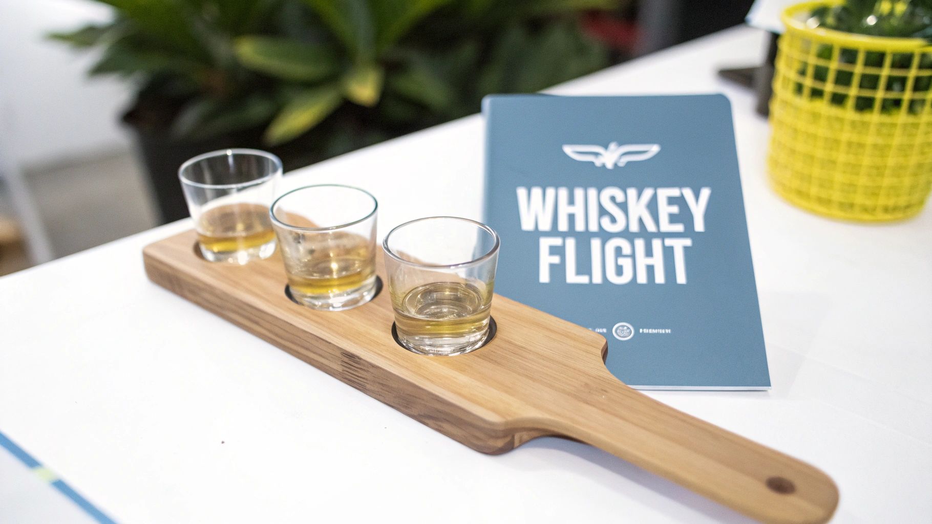 A whiskey flight with several glasses lined up on a wooden serving board