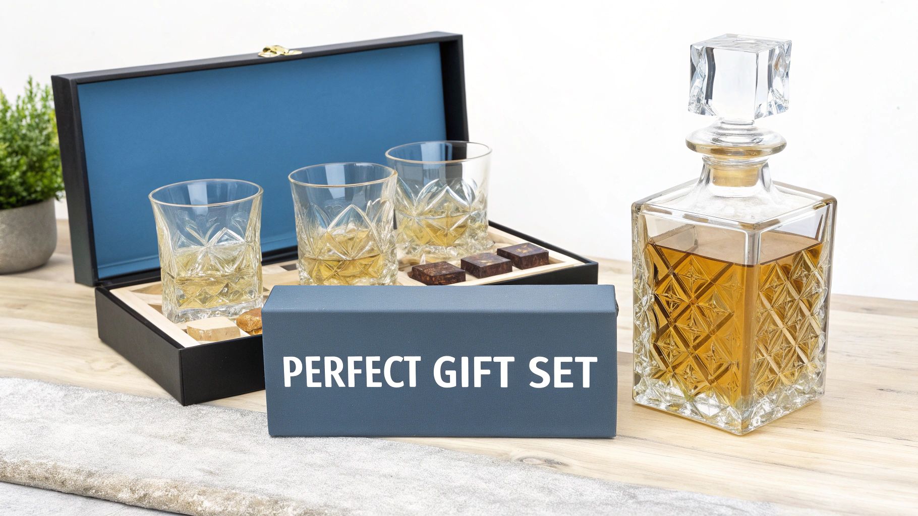 A luxurious whisky gift set featuring crystal glasses, a decanter, and chocolates on a wooden table.