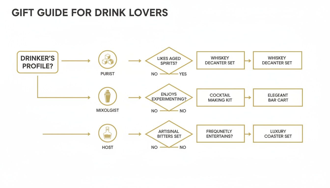 A flowchart gift guide for drink lovers, suggesting gifts like whiskey decanters, cocktail kits, and coaster sets.