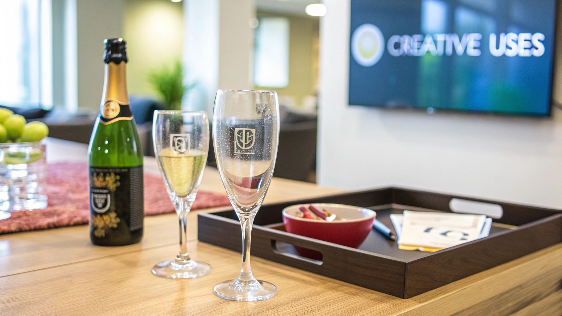 Etched champagne flutes and a bottle on a table with snacks, ready for celebration.