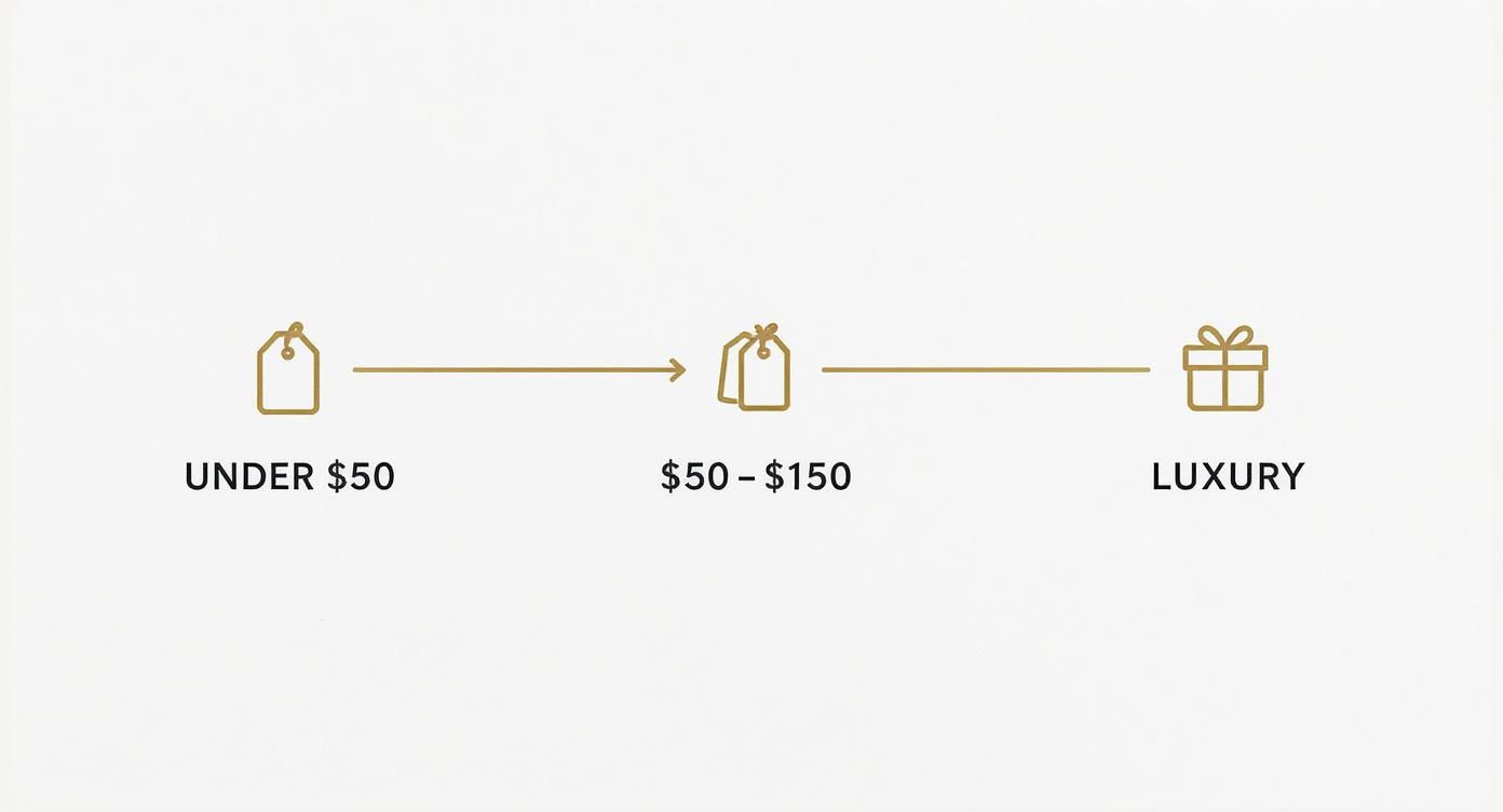 A diagram showing three gift price categories: Under $50, $50-$150, and Luxury.