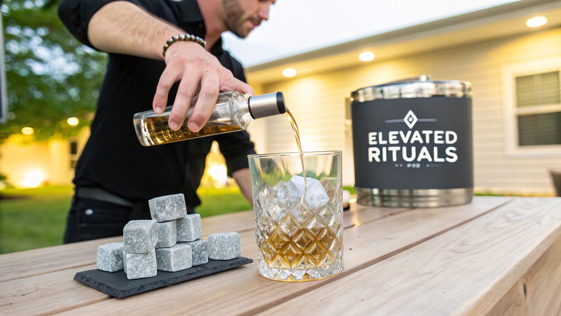 A man pours whiskey into a glass with ice, beside whiskey stones and an 'Elevated Rituals' tumbler.
