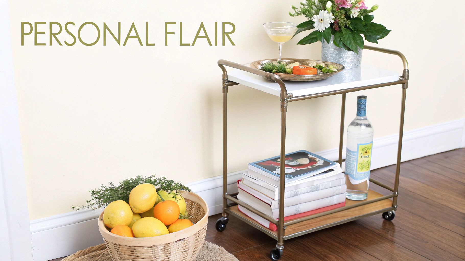 A bar cart styled with personal touches like a floral arrangement and decorative bottle opener.