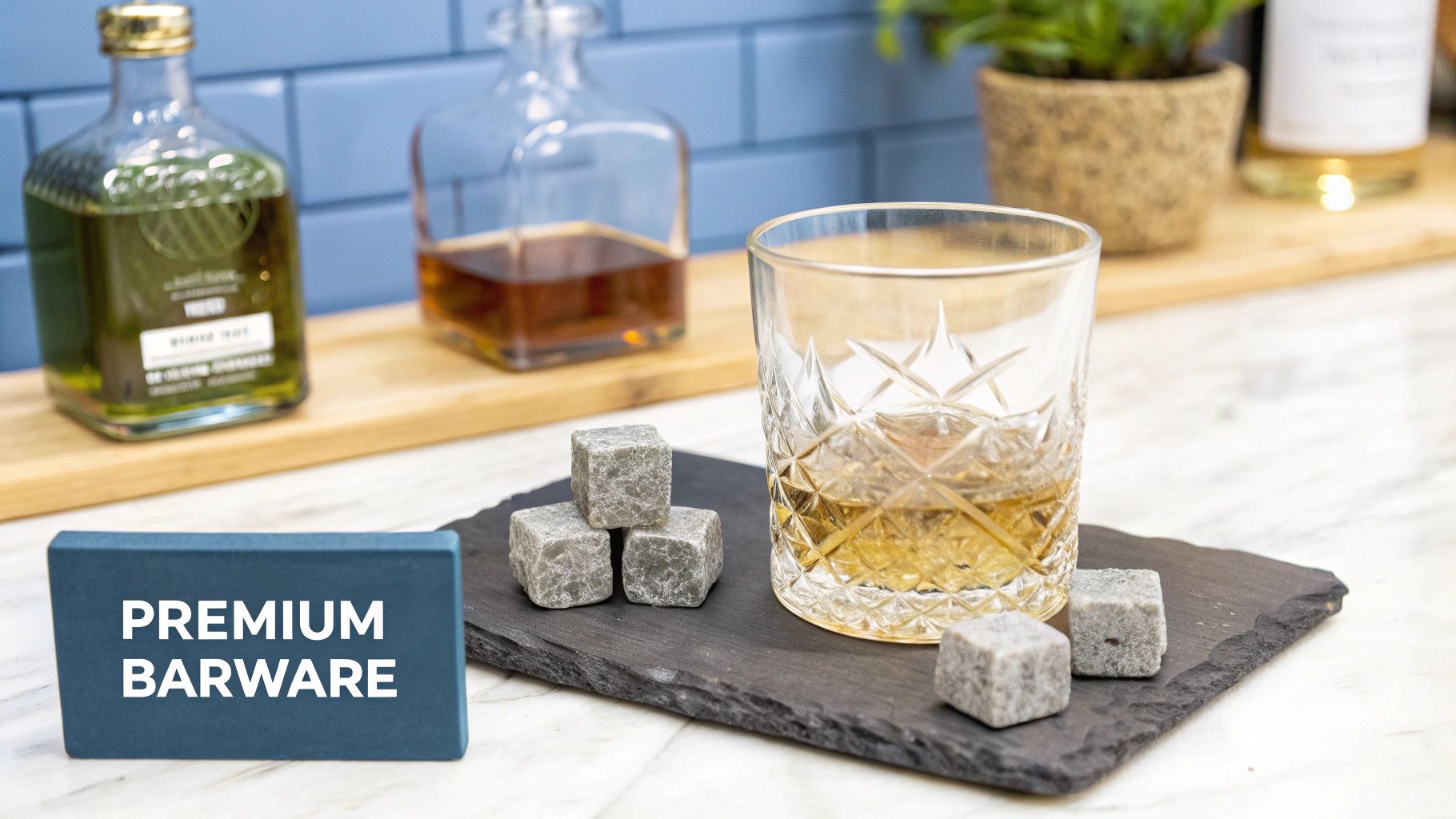 Premium barware set featuring a whiskey glass, chilling stones, and liquor bottles on a slate coaster.