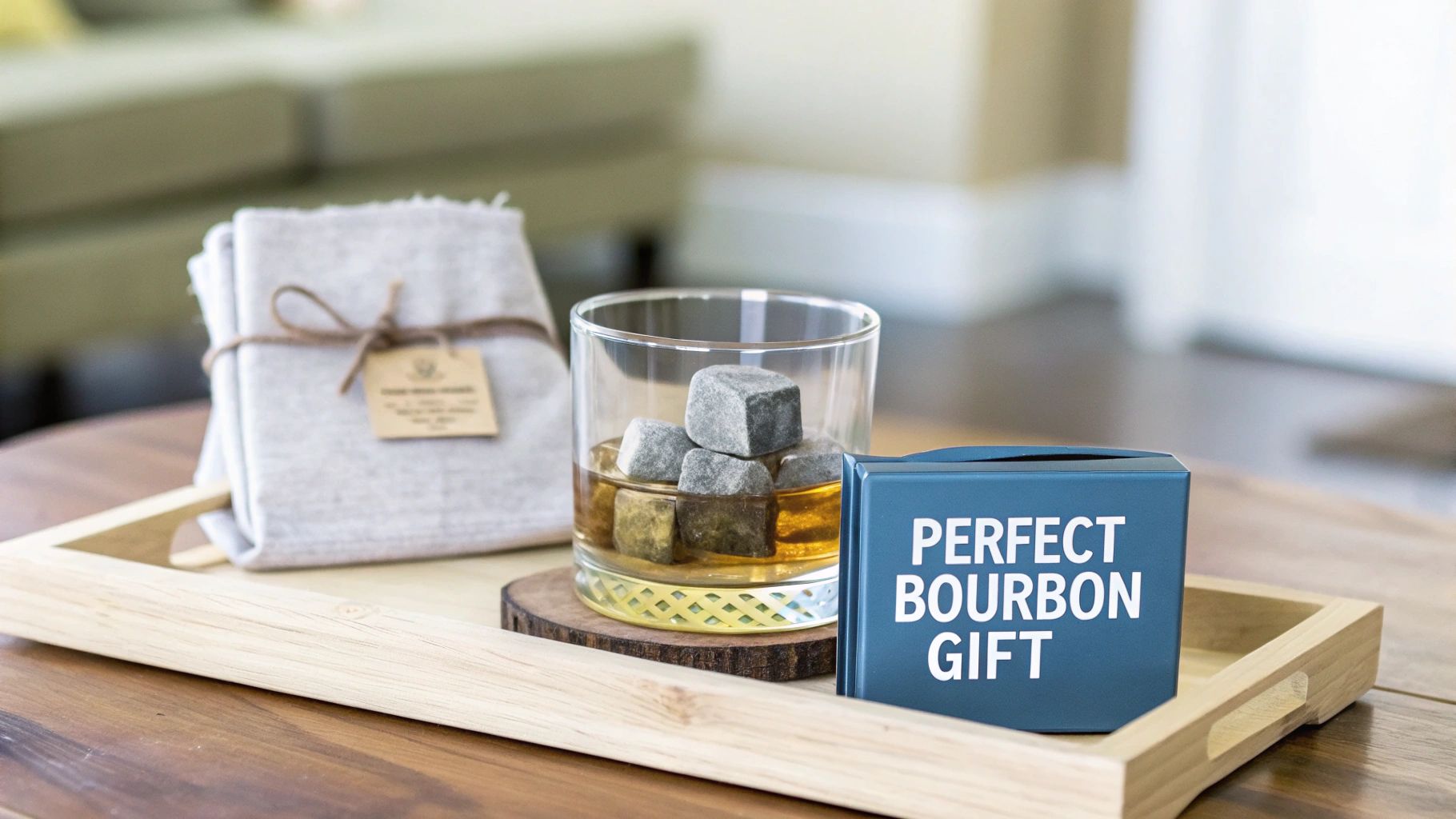 Bourbon gift set with glasses and chilling stones on a wooden table.