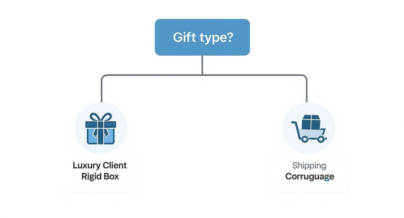 Infographic decision tree showing how to select a gift box based on whether it's for a luxury client or for shipping.
