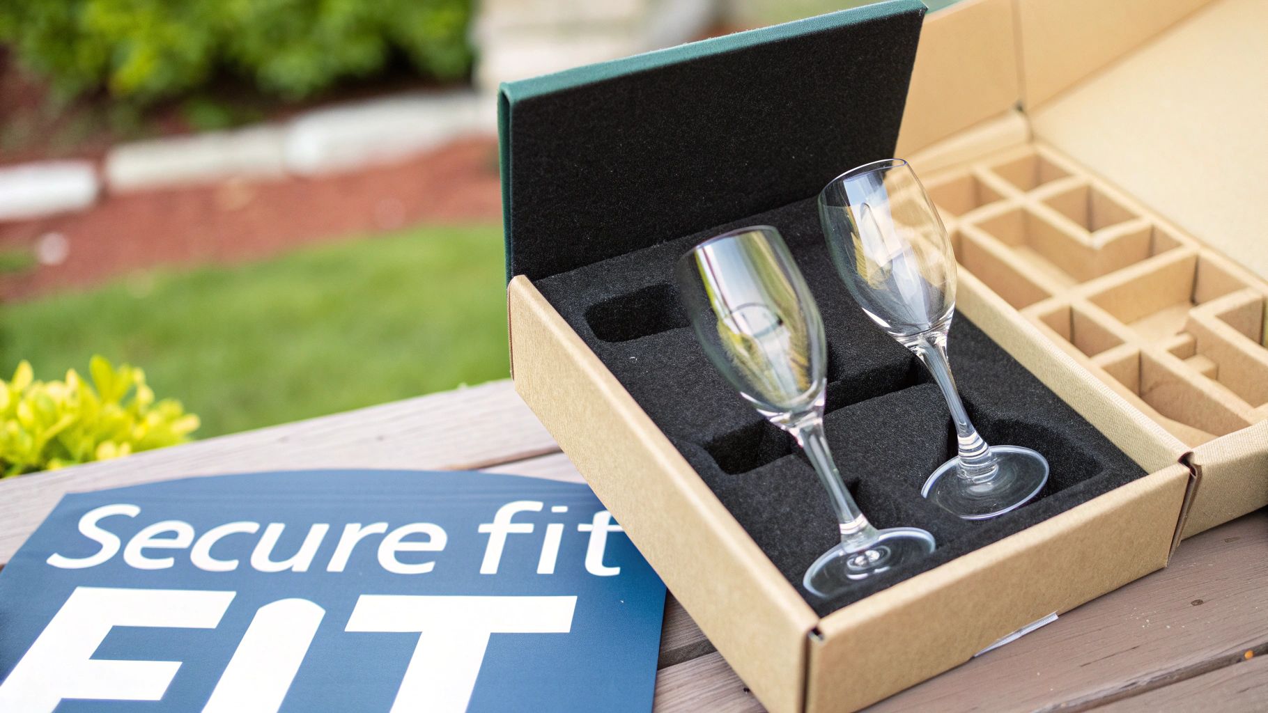 A gift box with a custom insert holding a piece of glassware securely