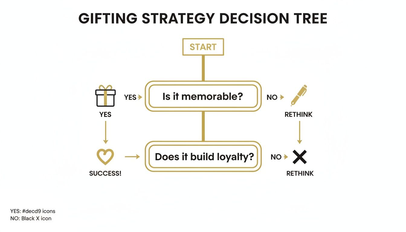 A flowchart titled 'Gifting Strategy Decision Tree' outlining steps to choose memorable and loyalty-building gifts.
