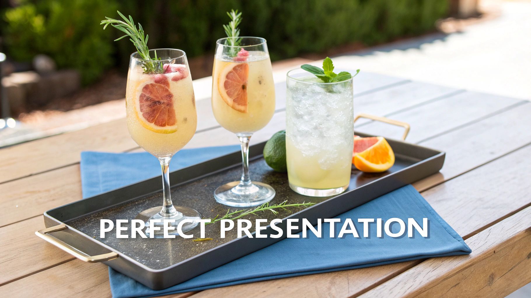 Three vibrant cocktails with grapefruit, lime, rosemary, and mint on a tray on a patio table.