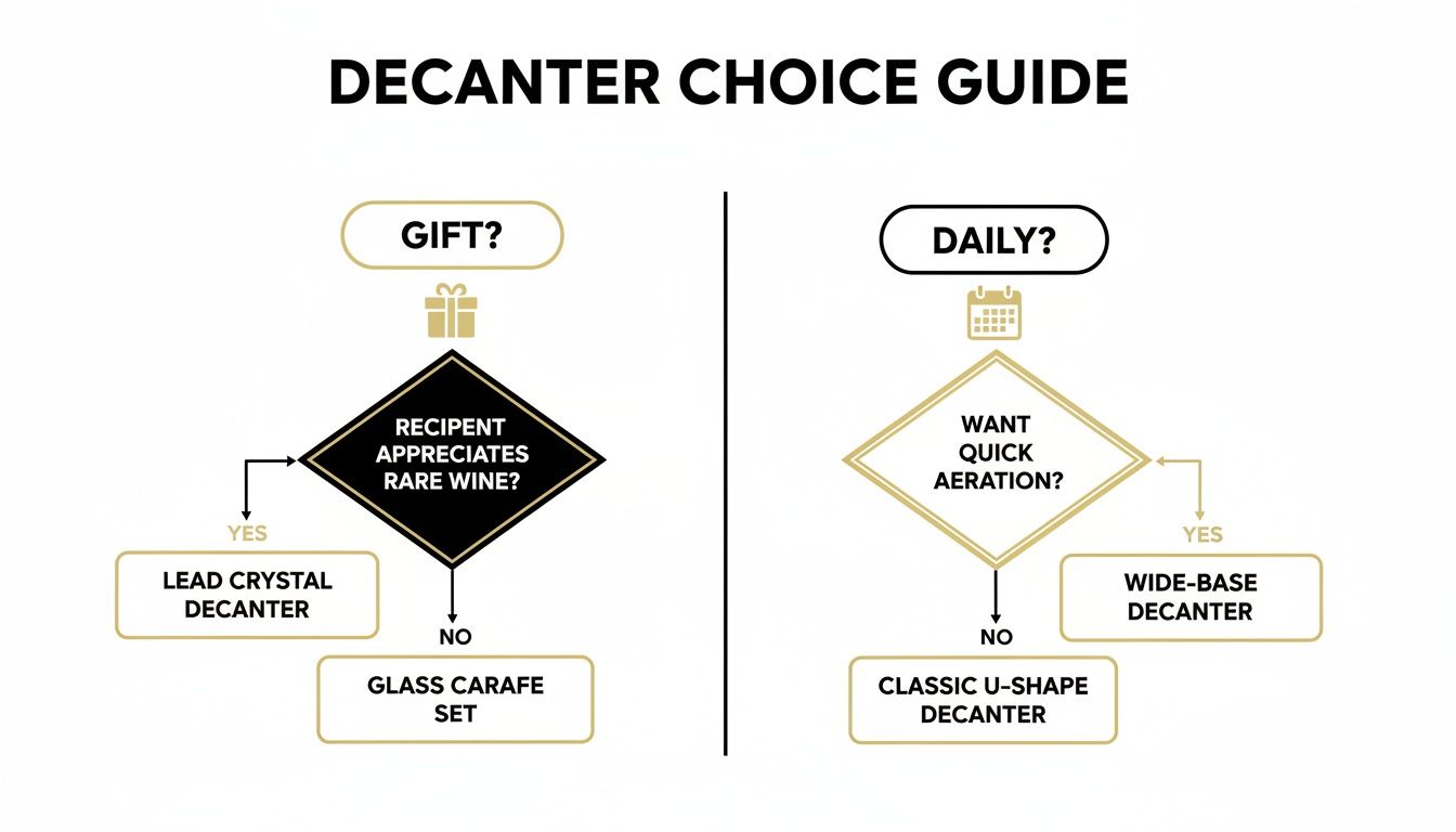 A decanter choice guide flowchart, offering recommendations based on gift-giving or daily use.