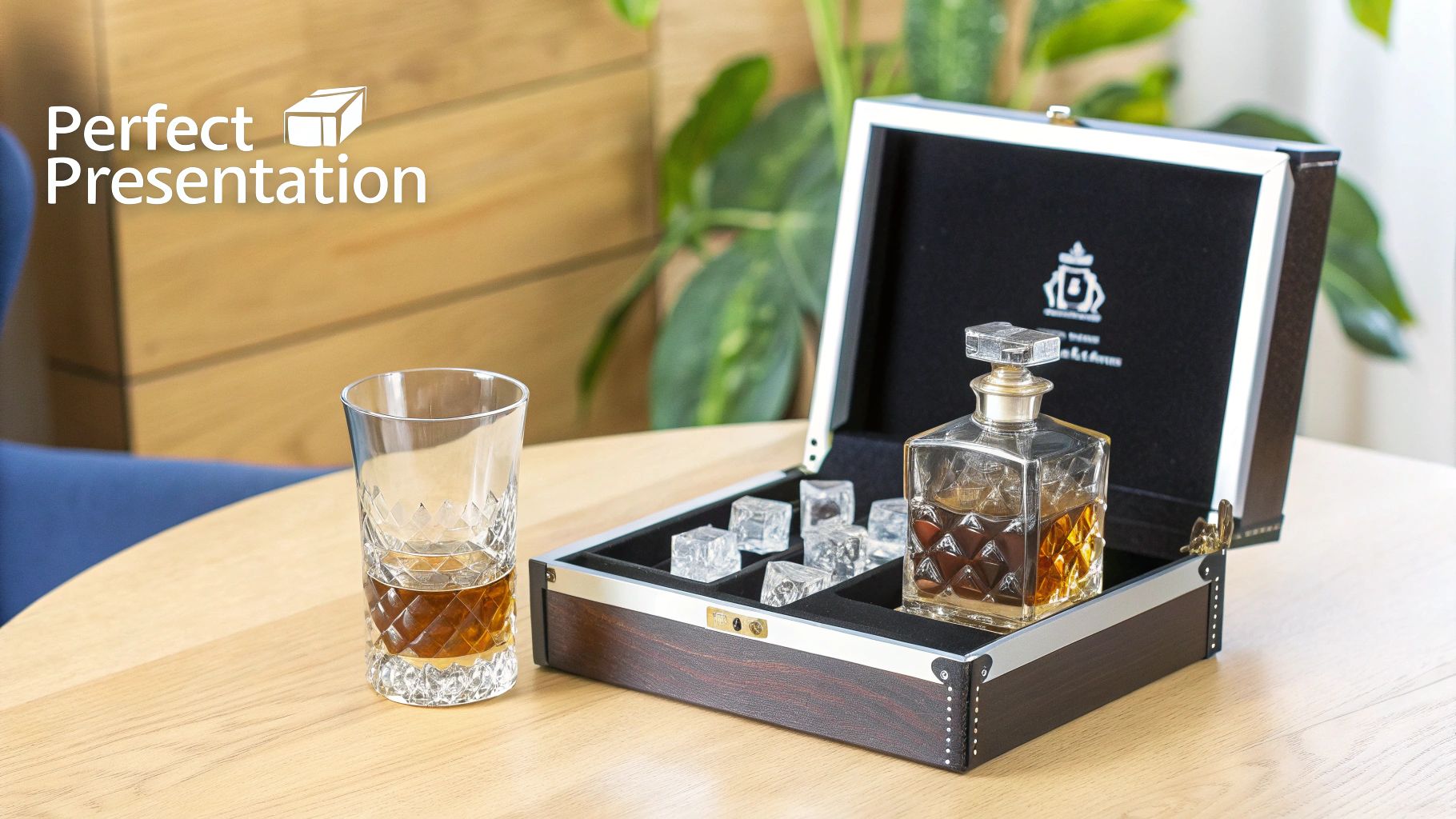 A luxurious whiskey decanter set with a glass of whiskey and chilling stones in an open presentation box.