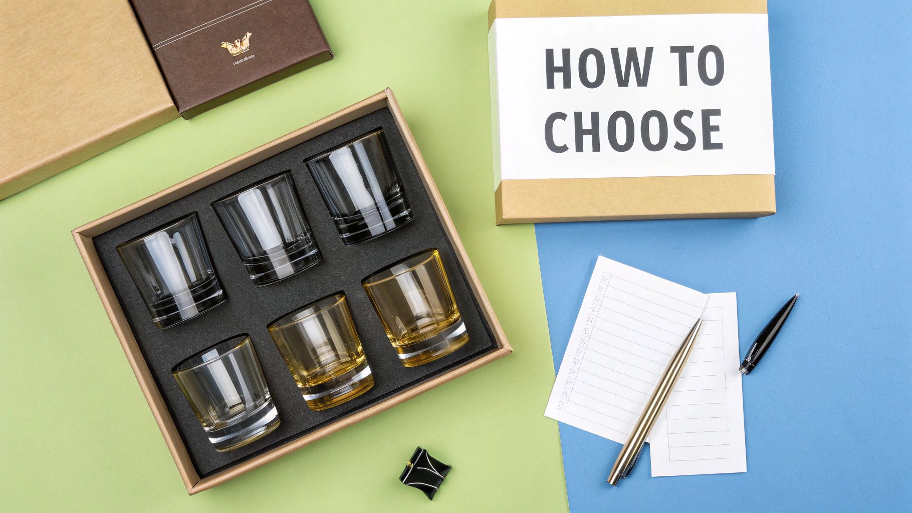 A beautifully arranged whiskey gift set featuring glasses and a decanter on a dark wooden surface.