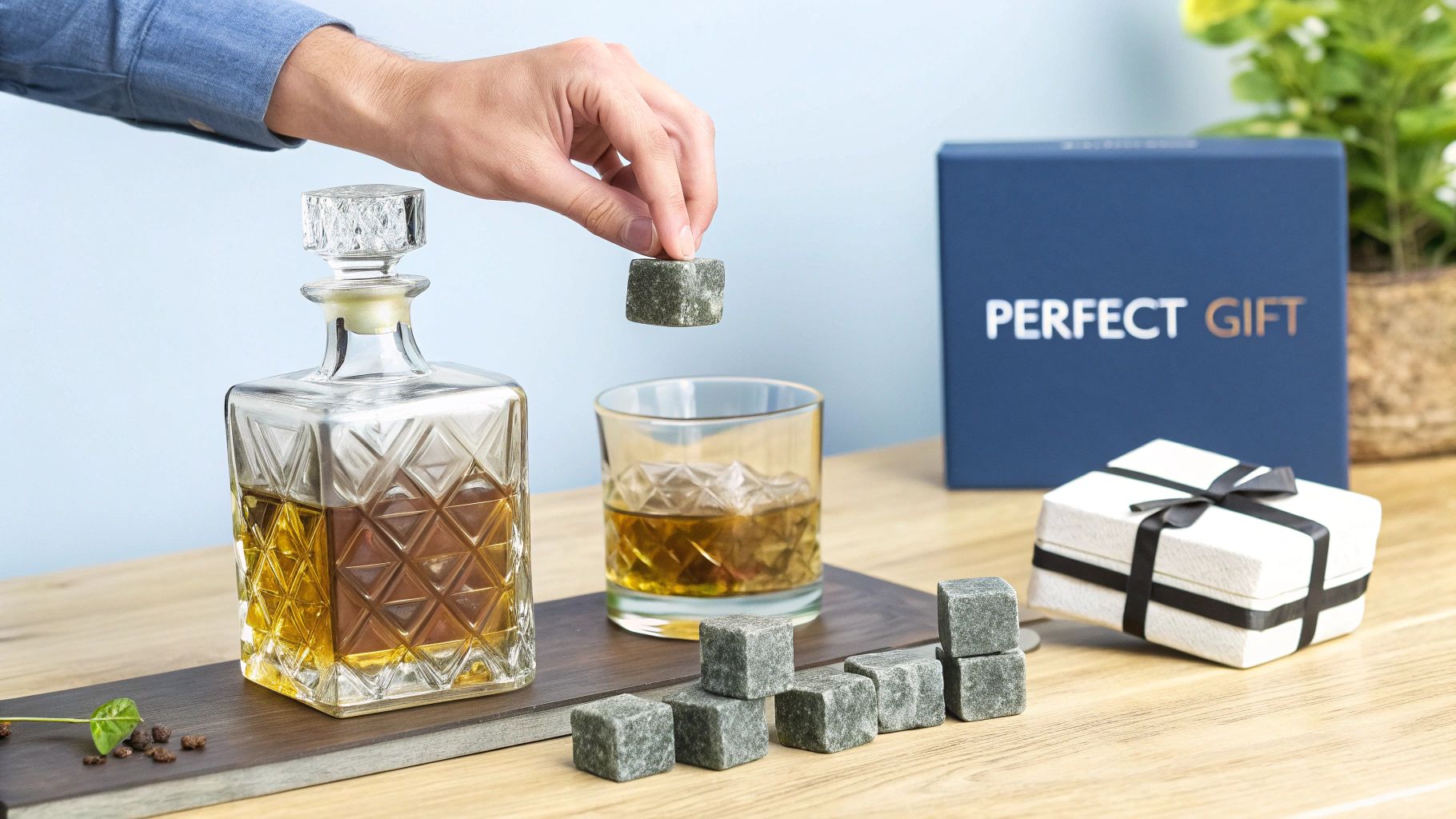 A hand places a granite whiskey stone into a glass of amber liquid, with a decanter and gift boxes nearby.