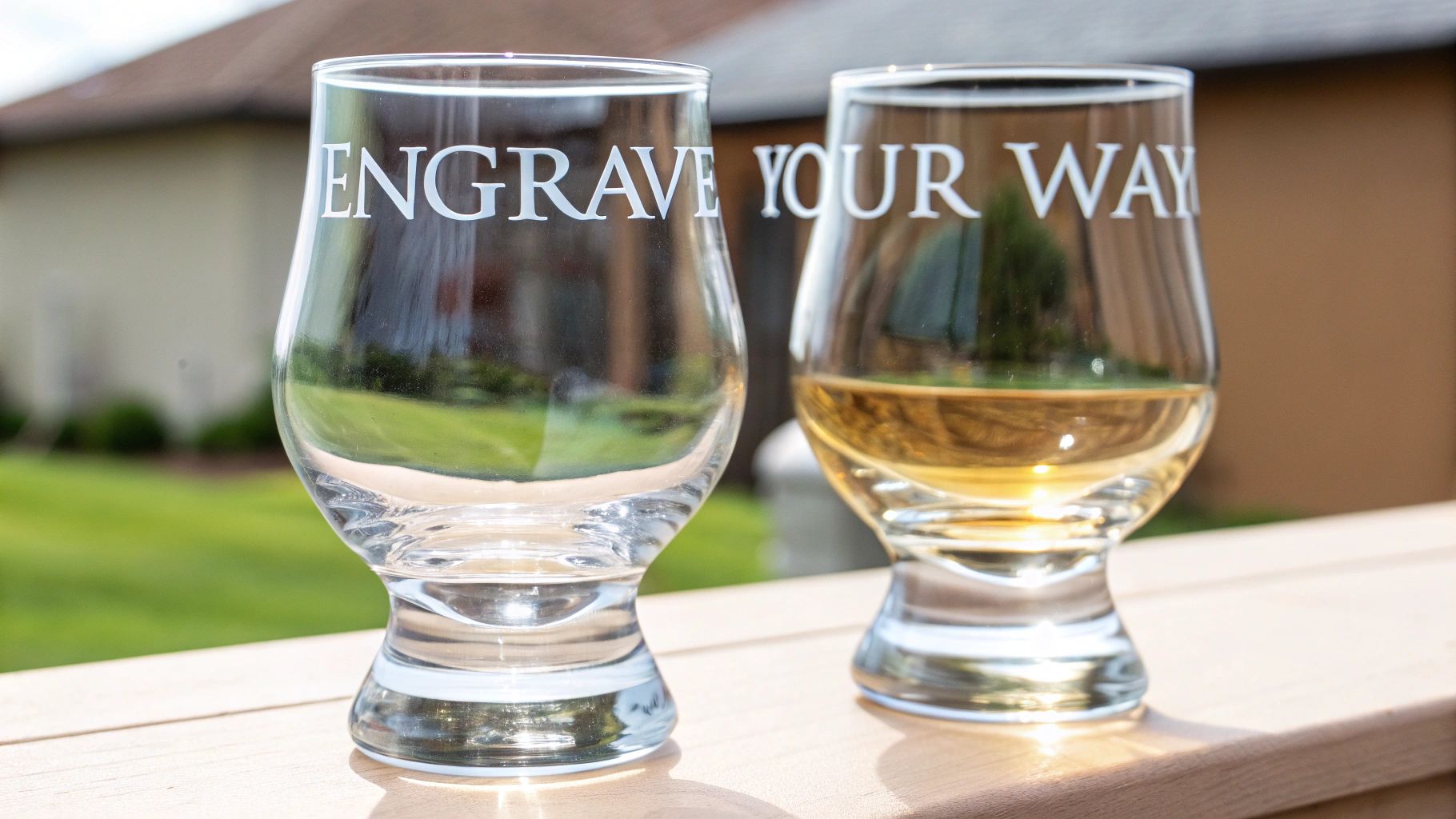 Two personalized Glencairn glasses, one empty and one with whiskey, on a wooden railing outdoors.
