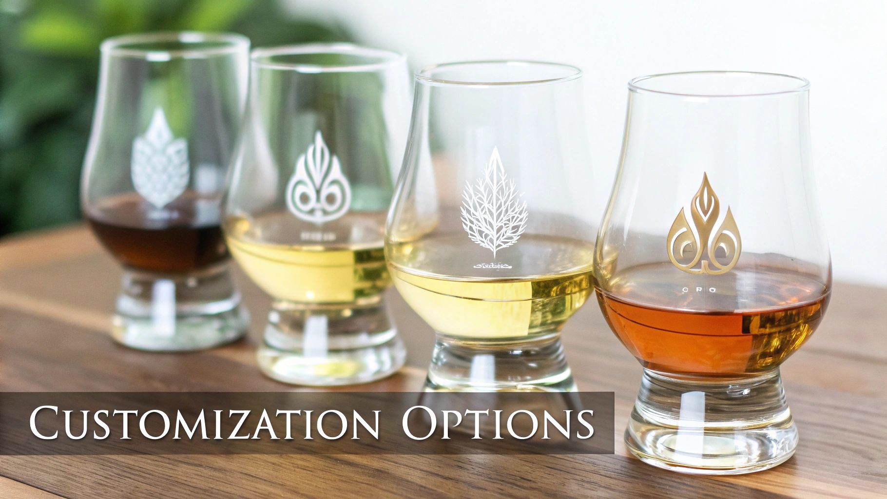 Four Glencairn whiskey glasses displaying unique engraved logos and different spirits, highlighting customization options.