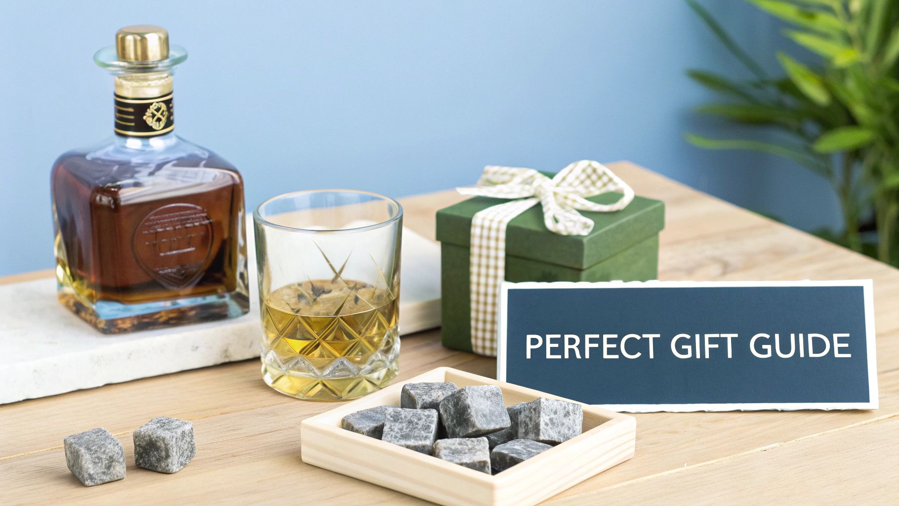A perfect gift guide setup with a whiskey bottle, glass, chilling stones, and a green gift box.