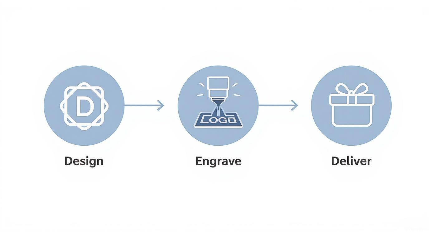 Infographic showing the process flow of corporate branding for personalized glassware, from design to engraving to delivery.