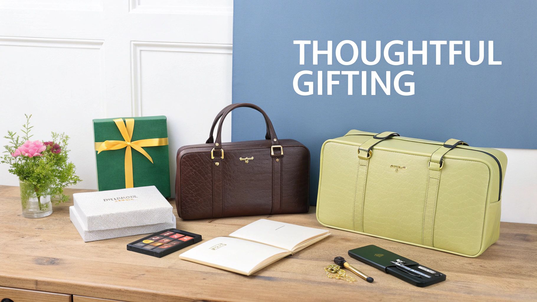 A collection of thoughtful gifts, including leather bags, chocolates, and flowers, on a wooden table.