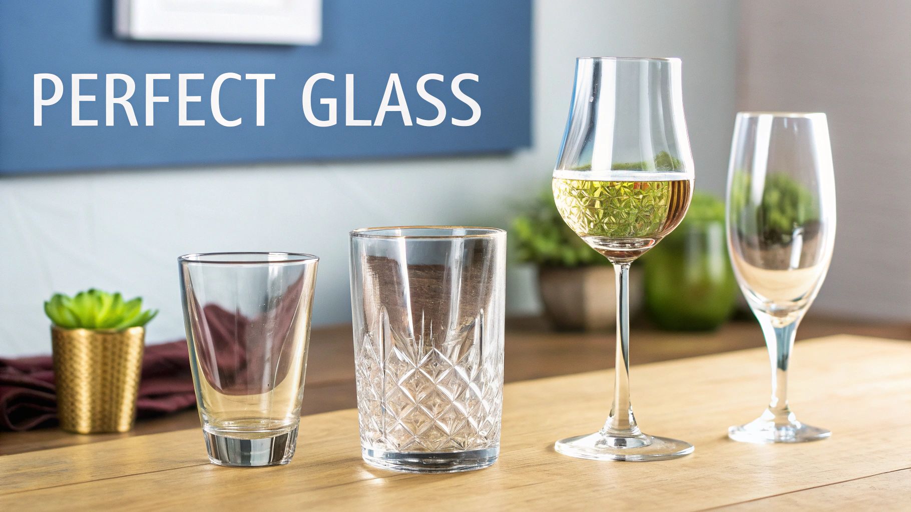 A variety of clear glasses, including etched, shot, and stemmed wine glasses, on a wooden table.
