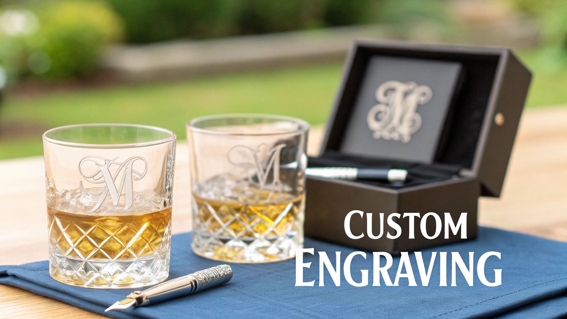Two custom engraved scotch glasses with whiskey and ice, a fountain pen, and an open gift box showing elegant personalized engraving.