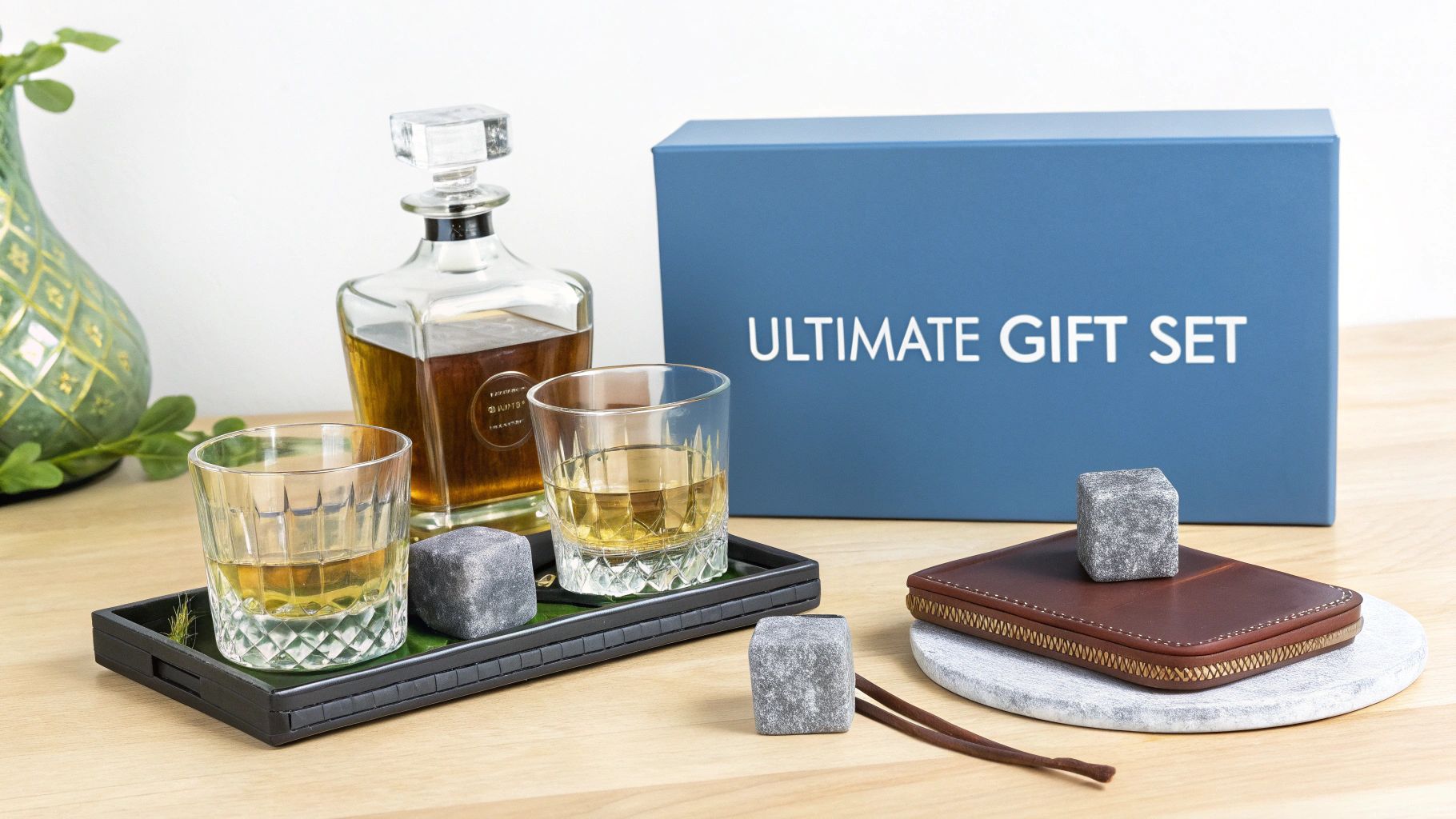 A scotch whisky decanter, two glasses, chilling stones, and a wallet on a wooden table with a blue gift box.